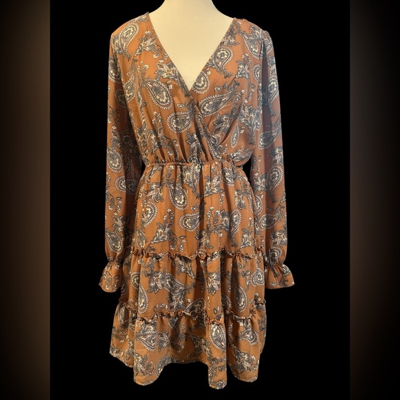 Inspired Hearts Long Sleeve Paisley Dress - Brown - Picture 1 of 8